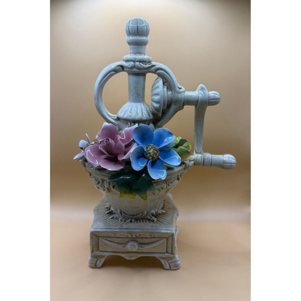 Vintage Capodimonte Porcelain Flowers In Grinder Centerpiece Italy